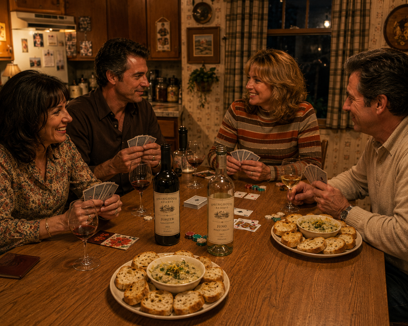 Cards, conversation, special munchies and wine.